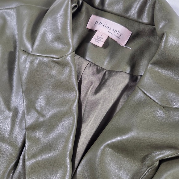 Philosophy Republic Clothing Jackets & Blazers - Philosophy Republic Clothing Olive Green Faux Leather Cropped Blazer Jacket 4